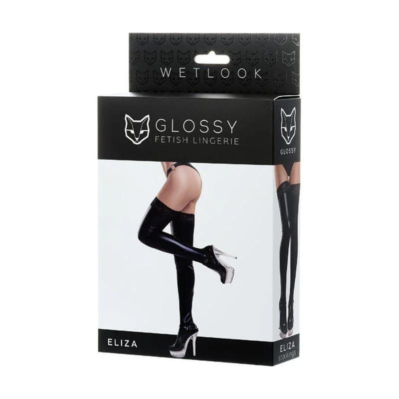 Opaque stockings in a classic black colorGlossy Wetlook Stockings w Lace Insert Eliza