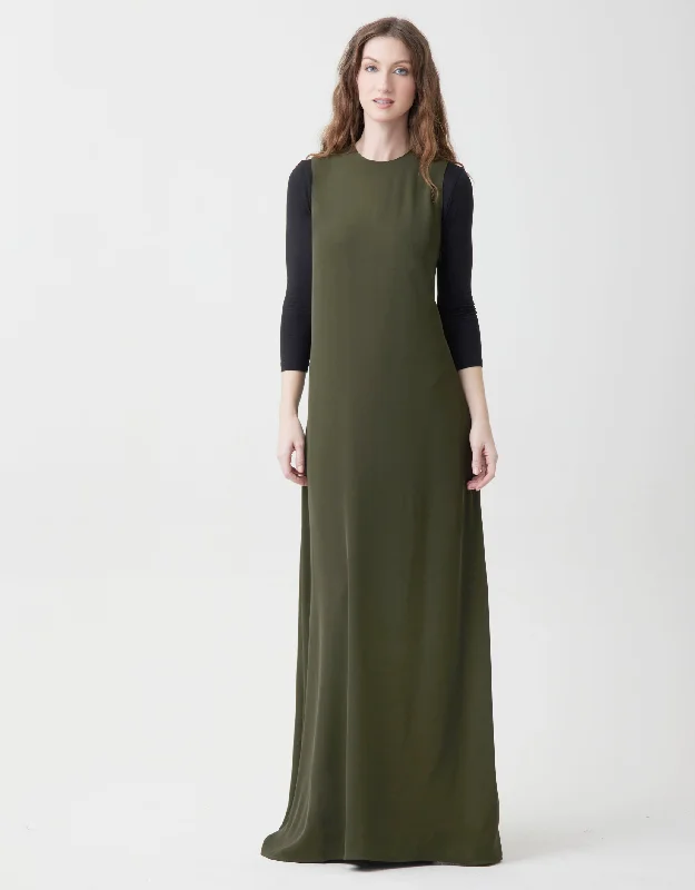 Mermaid - style sexy gowns for a glamorous effectLined Satin Sleeveless Maxi Crew Dress Shabbos Robe Olive