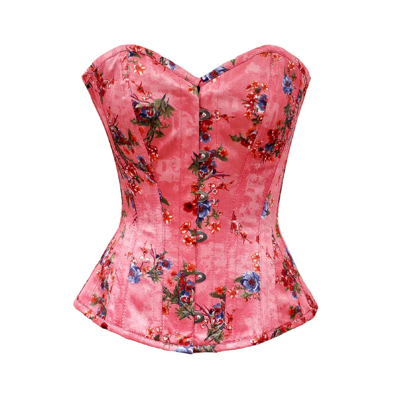 Multicolored bustiers with a vibrant and playful designRusso Floral Print Satin Overbust Corset