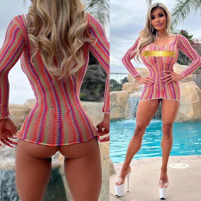 Sexy beach dresses for a sunny vacationConnie's "ISLAND VACATION CHAMPAGNE ROOM Mini" MULTI Color Extreme Stretch See Thru MESH Lingerie Mini Dress