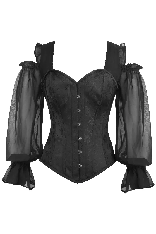 Animal - print bustiers for a wild and fierce styleDesbiens Long Sleeve Black Brocade Corset With Chiffon Sleeves