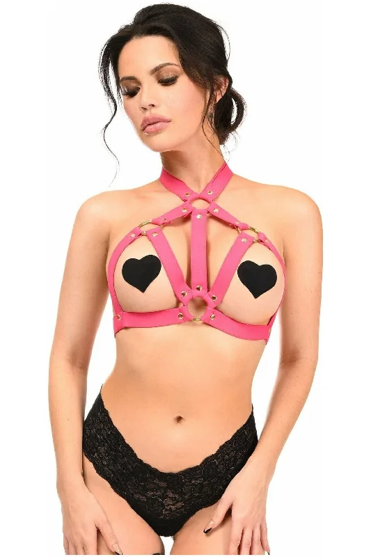 Cotton - blend bustiers for breathabilityBOXED Hot Pink Stretchy Body Harness w/Gold Hardware