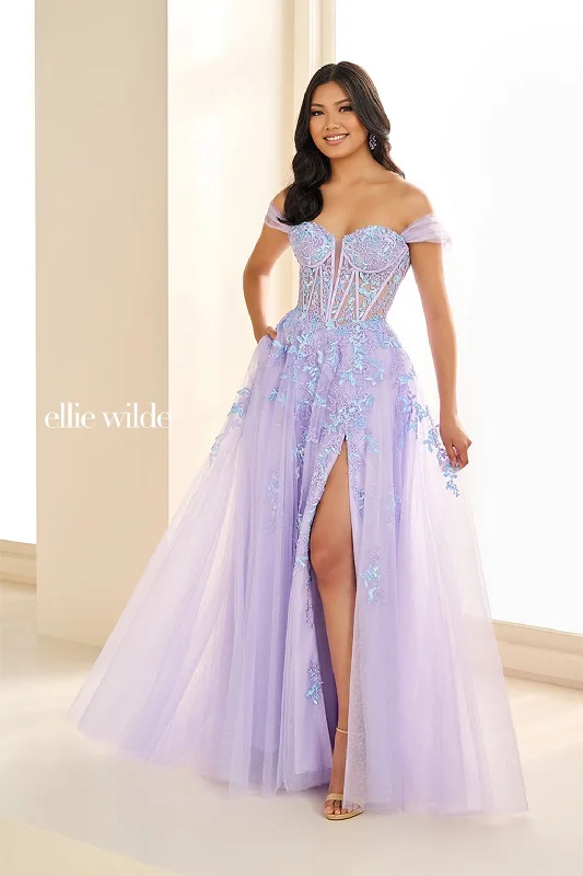 Sexy prom dresses for a memorable nightEllie Wilde EW36217  Formal Glitter Long Ball Gown Corset Prom Dress