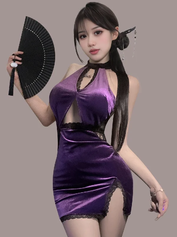 Halter - neck sexy cocktail dresses for a formal eventPurple Velvet Backless Cheongsam Dress