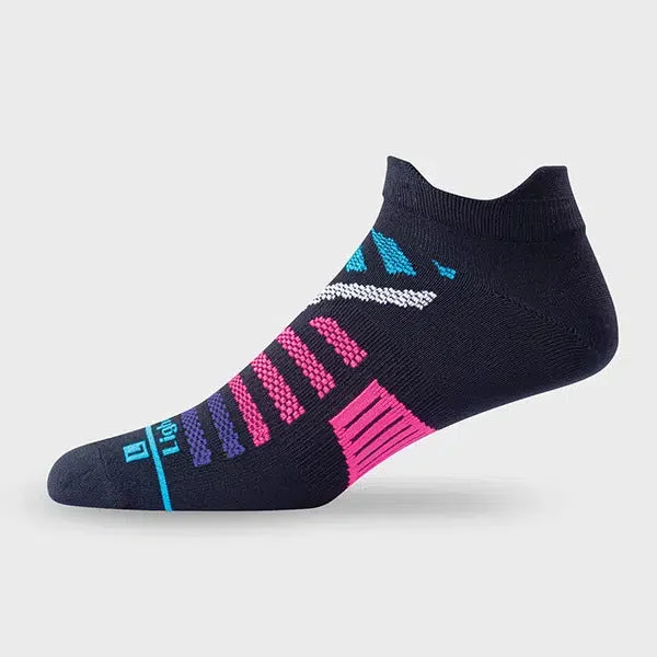 Women's cushioned sole socks for shock absorptionLightfeet Elevate Socks | Lightweight | Mini | Black / Electric Blue / Fluro Pink